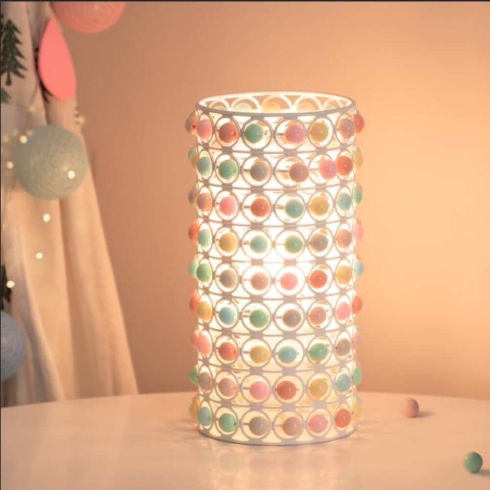 Colorful Boho Hippy Beaded Bedside Table Lamp (White) with LED Light - Brand New